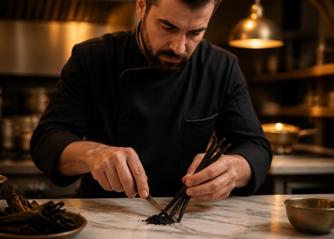 Chef profesionist răzuind semințe dintr-o păstaie de vanilie Bourbon KSpices