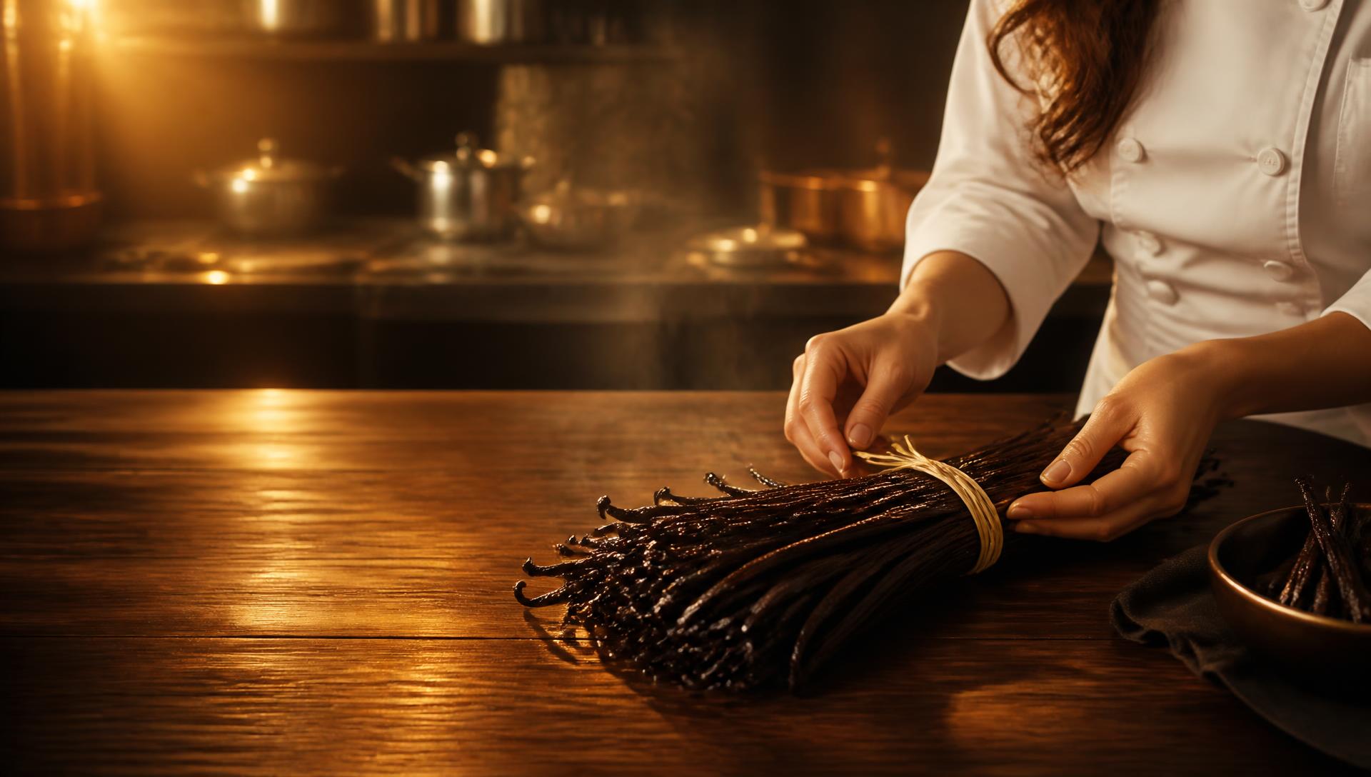 Chef aranjând păstăi de vanilie Bourbon de Madagascar premium KSpices